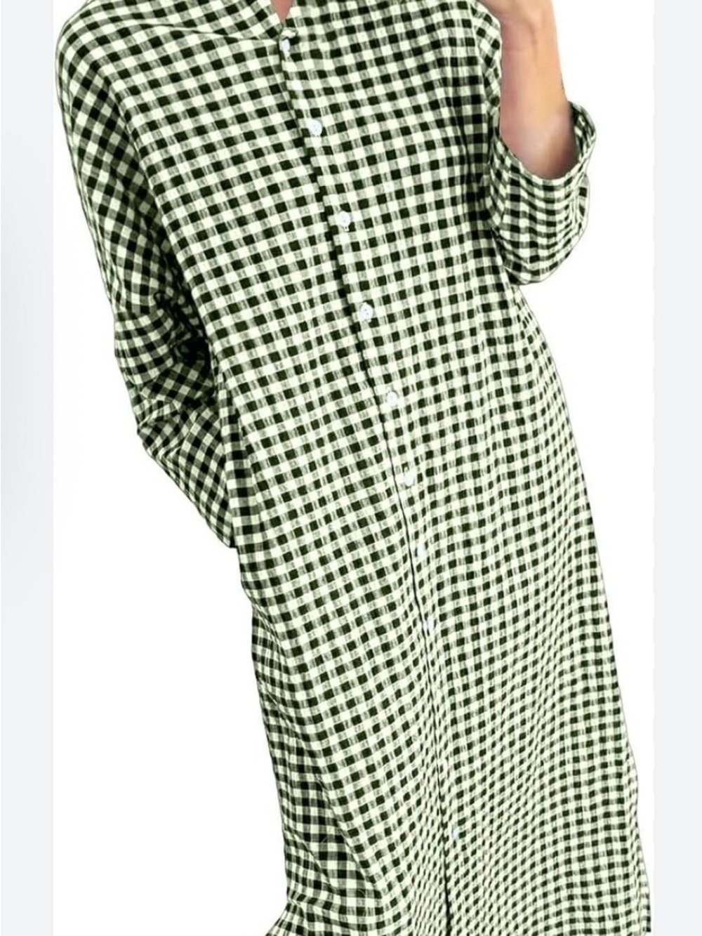 Dark Green Gingham Button-Front Shirt Dress